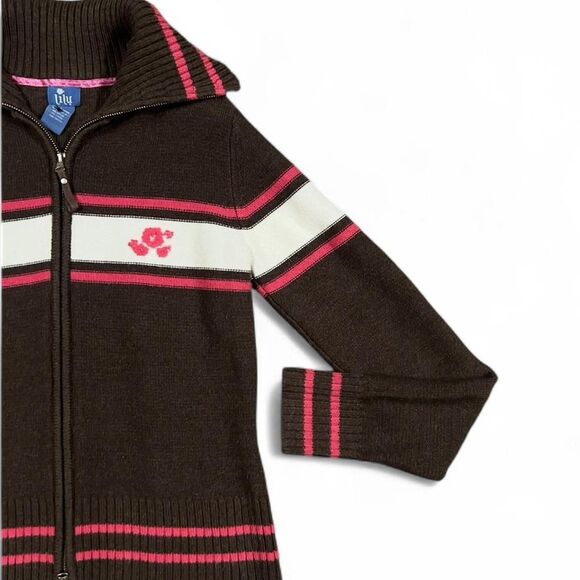 Y2K Vintage Lilu pink, white, and, brown full zip-up striped sweater. Large. - Picture 3 of 4